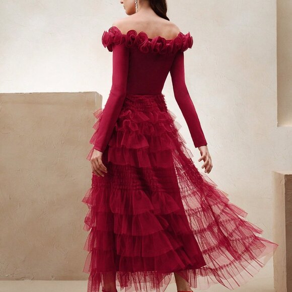 Red Chic Women's 3D Floral Long Sleeve V Neck Bodycon Party Dress - Picture 2 of 7